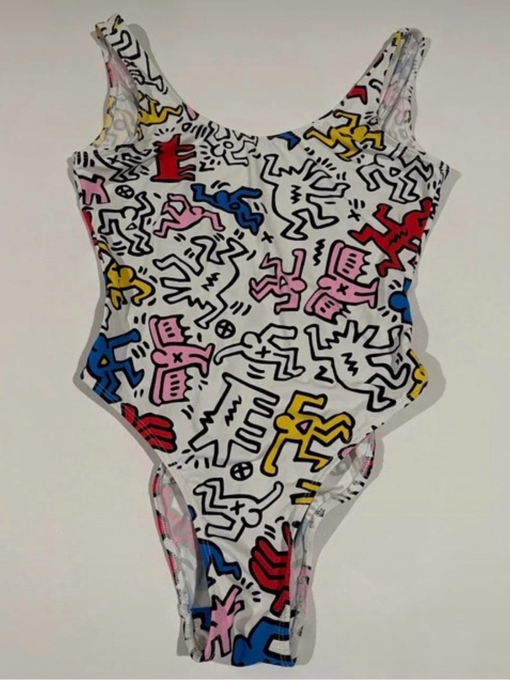 Forever 21 White One-Piece Swimsuit with Blue, Pink, Yellow & Red Pop Art Print